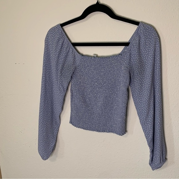 American Eagle Powder Blue Polka Dot Balloon Sleeve Smocked Crop Top Small - Picture 1 of 6
